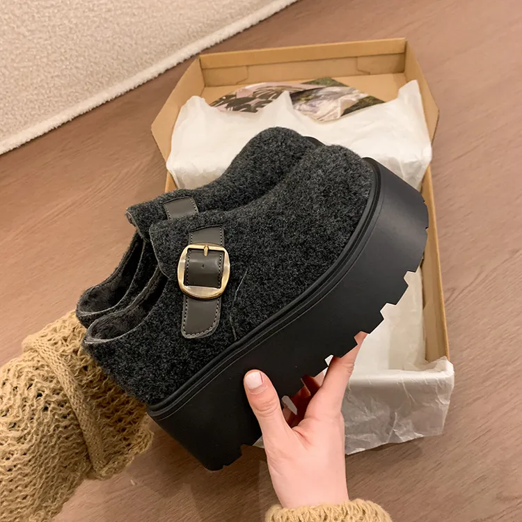 灰色勃肯鞋女软厚底2025冬新款加绒保暖棉单鞋增高百搭休闲乐福鞋