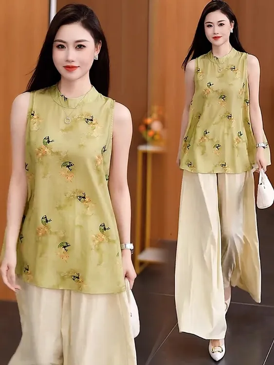 新中式国风套装女2025夏季新款洋气减龄提花无袖上衣阔腿裤两件套