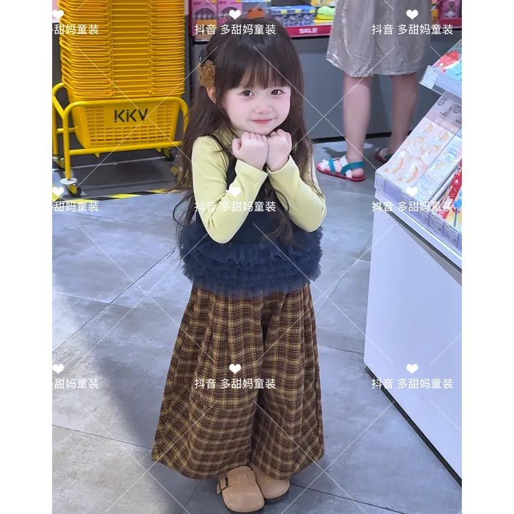 女童套装2025新款秋装儿童宽松花边吊带洋气小女孩休闲格子阔腿裤