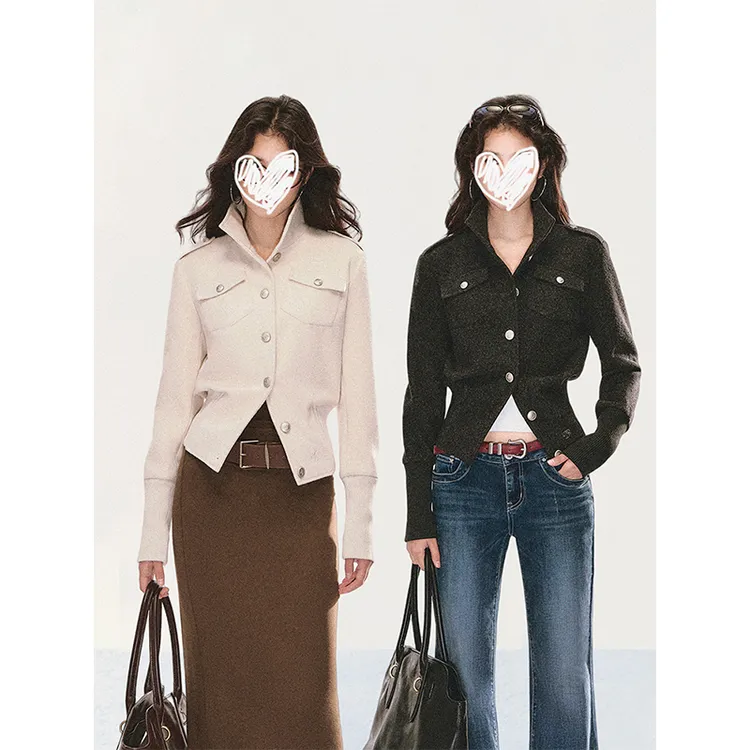 美式设计感收腰立领外套女秋季爆款显瘦修身夹克复古通勤百搭上衣