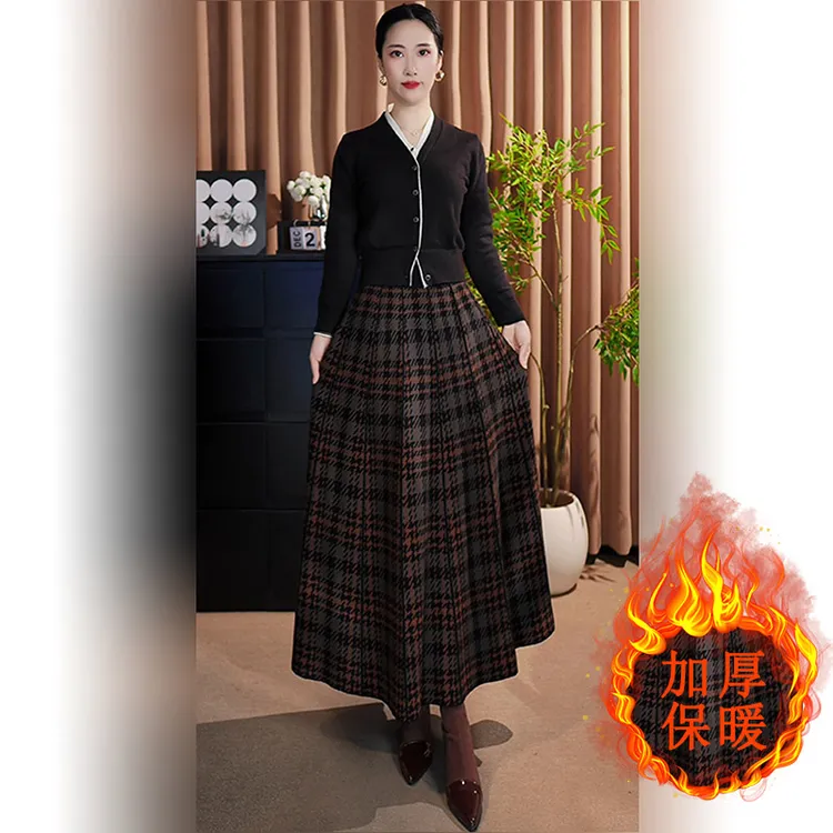 加厚千鸟格毛线半身裙女秋冬2025新款爆款显瘦a字针织长裙到脚踝