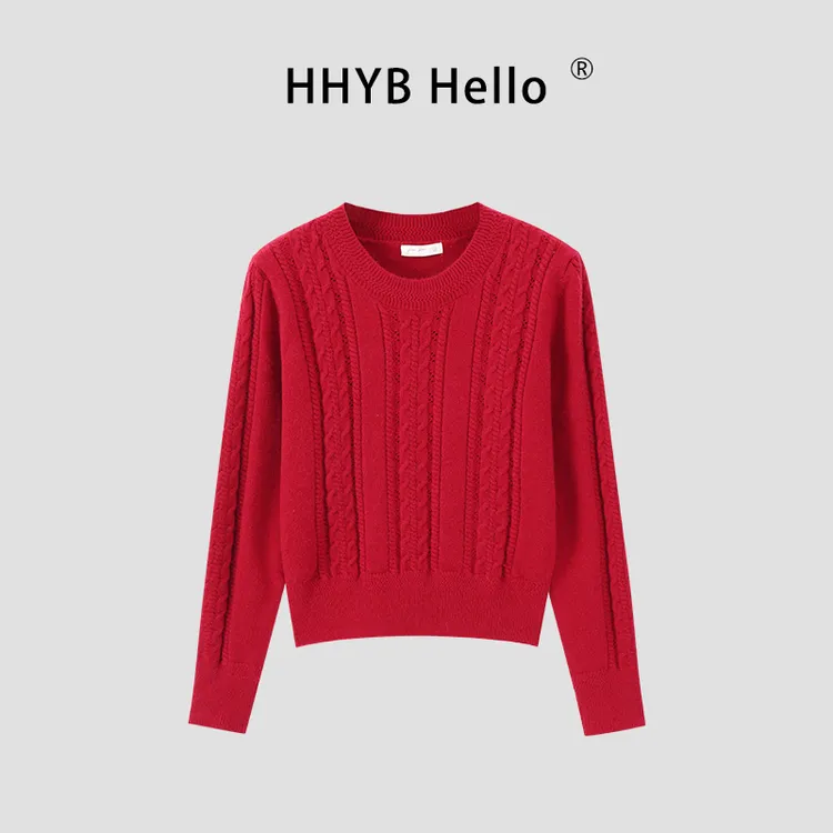 HHYB Hello圆领绒感冬季新款麻花针织上衣女2025新款上衣M1315