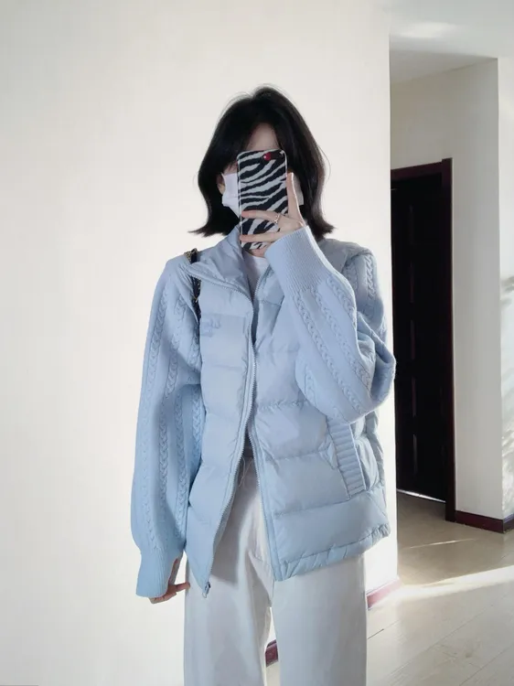 韩版温柔风蓝色麻花针织拼接设计棉服设计感字母刺绣薄款棉衣外套