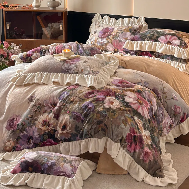 5D数码印花双面加厚加绒韩版花边牛奶绒四件套公主风双人床上用品