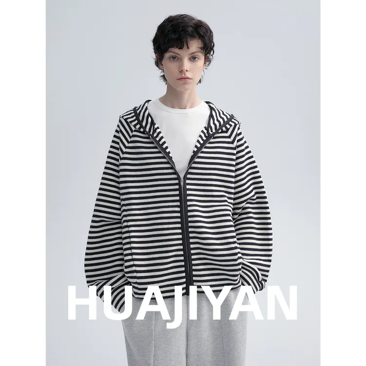 华吉言/HUAJIYAN【信号】双面色织条纹灯笼袖连帽上衣外套