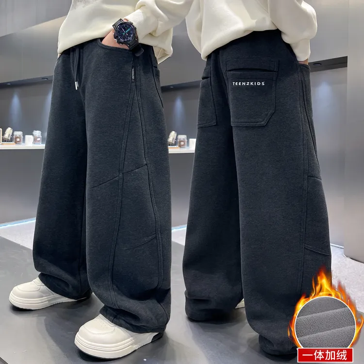 男童加绒运动裤秋冬时尚卫裤中大童休闲裤弯刀潮一体加厚直筒宽松