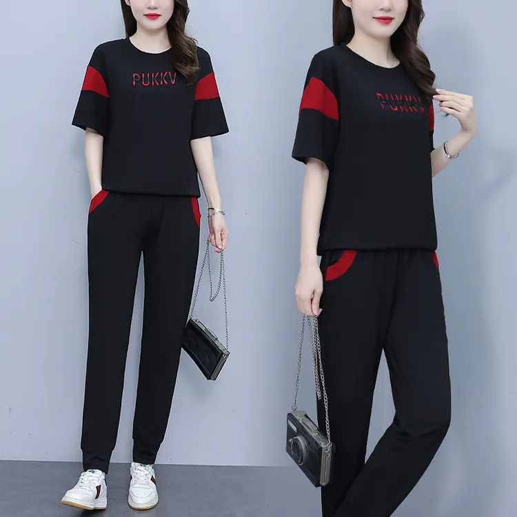 时尚休闲套装女2025夏季新款洋气显瘦减龄卫衣拼接大码女装两件套