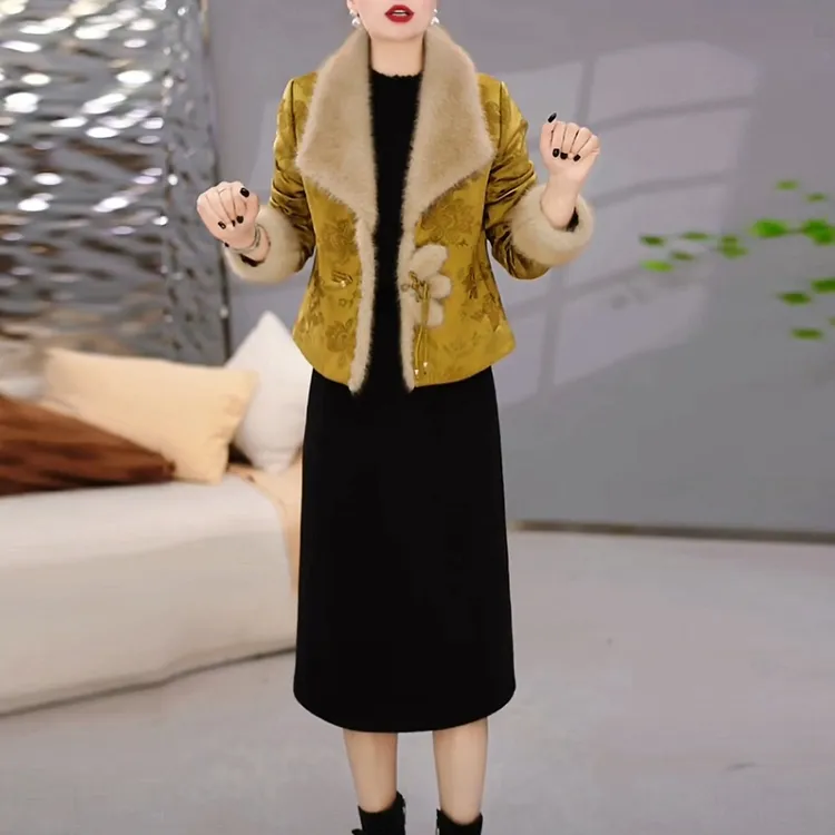 提花精纺国风夹棉加厚套装裙2025冬季新款气质保暖两件套连衣裙子