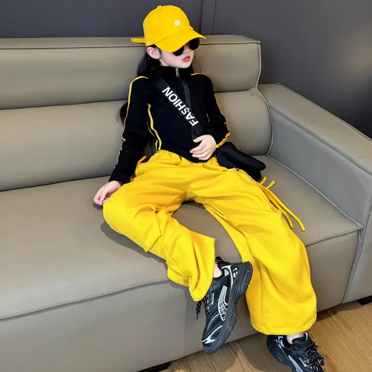 女童洋气休闲工装裤套装2025春季新款长袖拉链上衣休闲裤子两件套