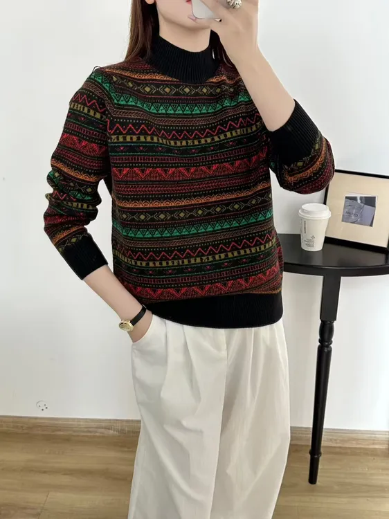 【大润】半高领轻肤绒条纹针织打底衫