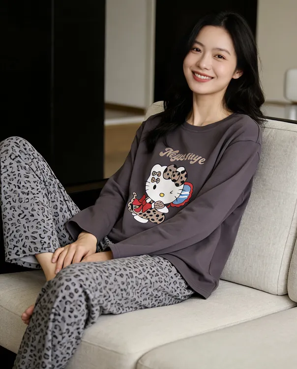 秋冬款家居服睡衣爽棉加厚可爱豹纹气质减龄保暖舒适圆领百搭舒适