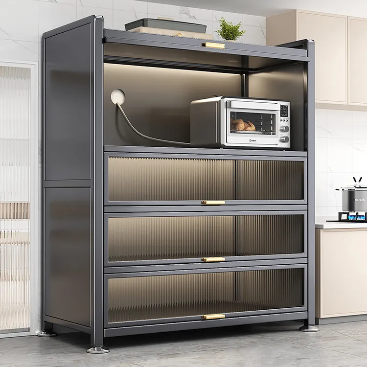 加高厨房置物架落地多层收纳柜微波炉家用带门多功能储物橱柜