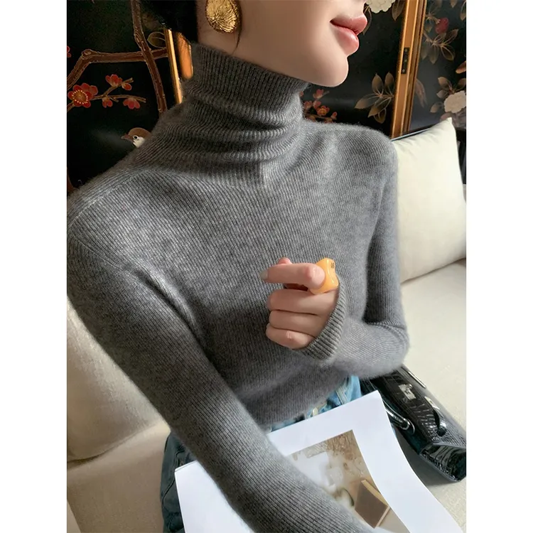 灰色堆堆高领针织打底衫女冬季2026新款修身显瘦内搭软糯毛衣上衣