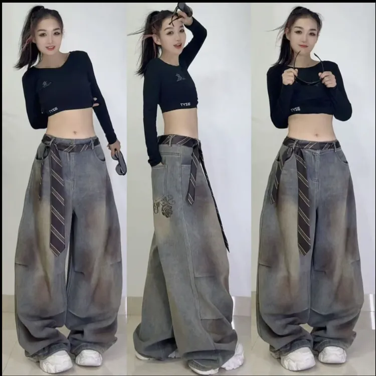 颖丽-（赠送领带）2025潮牌牛仔阔腿复古领带装饰做旧刺绣