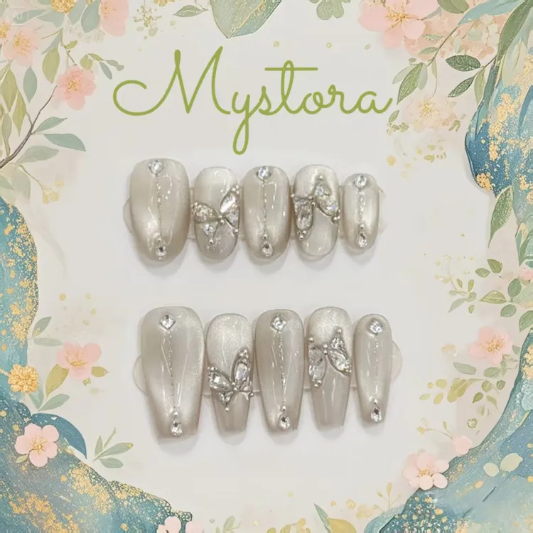 【冷蝶】清冷风新中式蝴蝶闪钻银猫眼高贵手工穿戴甲（饰占半山）