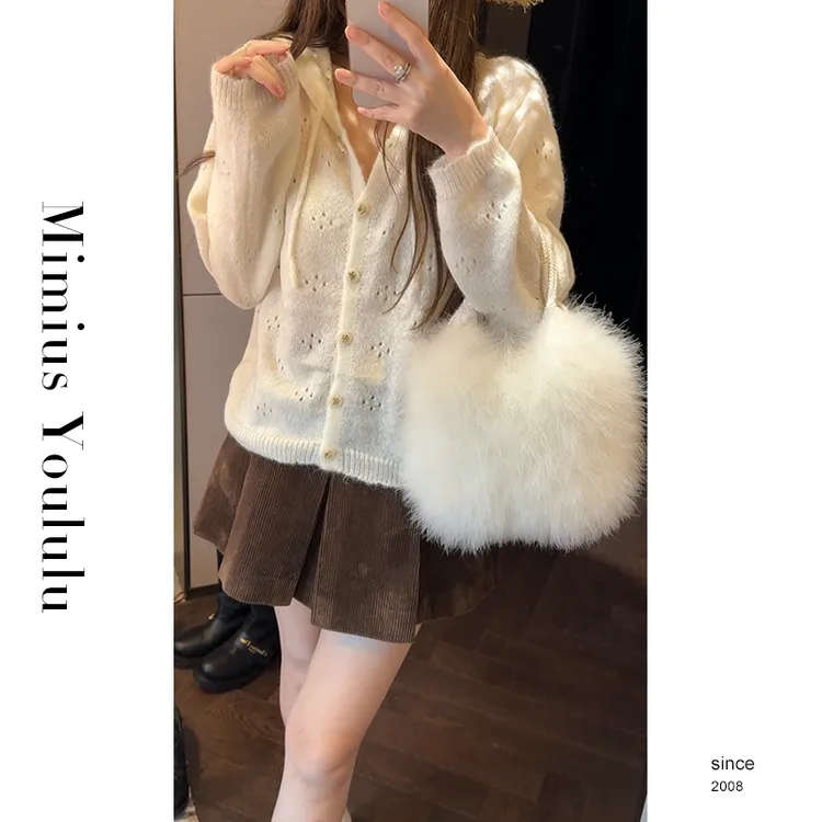 【mimius】P 复古温柔慵懒感镂空单排扣连帽针织开衫 WG08008