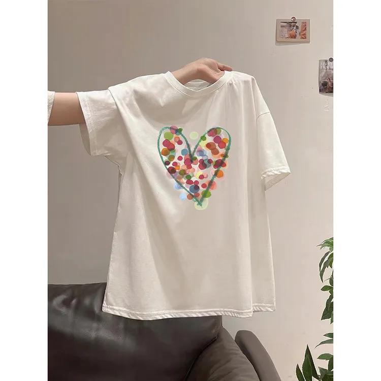 彩色波点心短袖t恤女2025夏季新款设计感韩系宽松纯棉百搭纯棉T恤