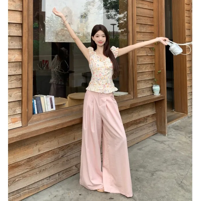 减龄粉色长裤小个子垂感拖地裤女夏季高腰休闲裤宽松百搭阔腿裤子