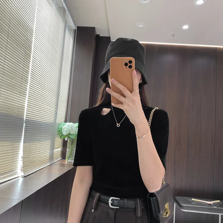 IMFLY金小金自制女装 T恤DYW9755早秋气质丝绒镂空上衣女士