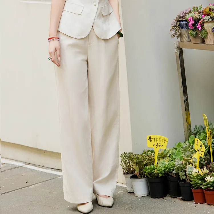 西子/【原色亚麻】亚麻棉高腰松紧休闲百搭直筒长裤阔腿裤/KZBH1094