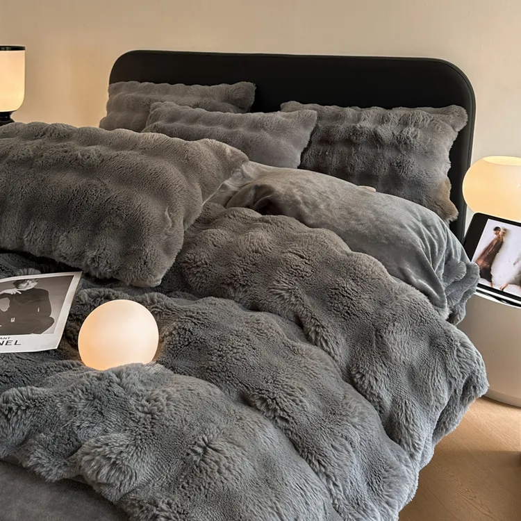 轻奢兔毛绒四件套牛奶绒被套冬季加厚保暖防静电不起球纯色被罩套