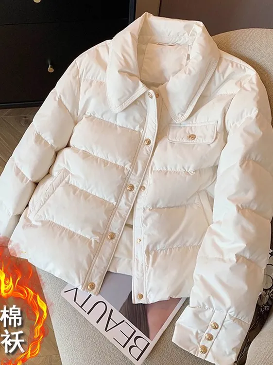 小香风白色翻领金扣设计感短款棉服女秋冬加厚保暖气质时尚外套
