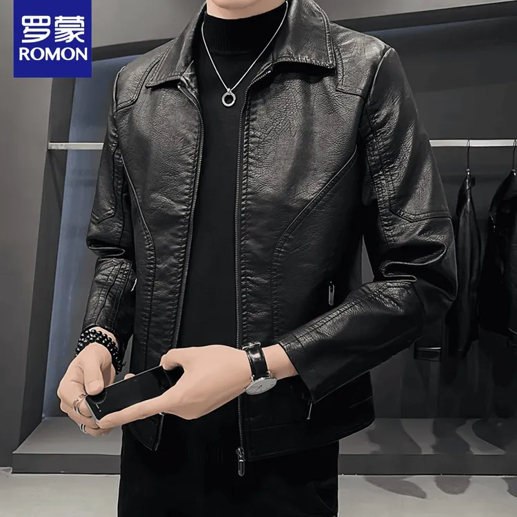 罗蒙高档海宁男士皮衣潮牌修身上衣机车服痞帅皮夹克上衣短款外套