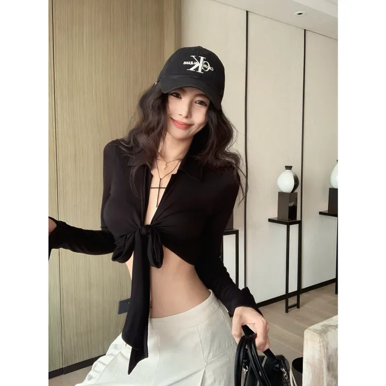 夏季新款辣妹深V领长袖防晒T恤设计感蝴蝶结绑带短款露脐开衫上衣