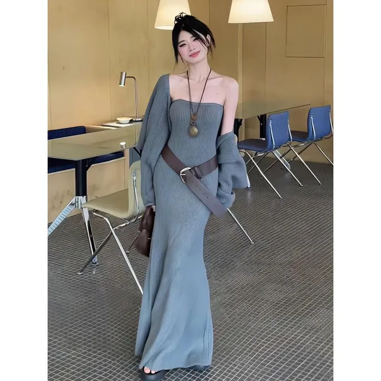 秋冬新款高级感御姐气质长裙复古慵懒风长袖毛衣外套女两件套