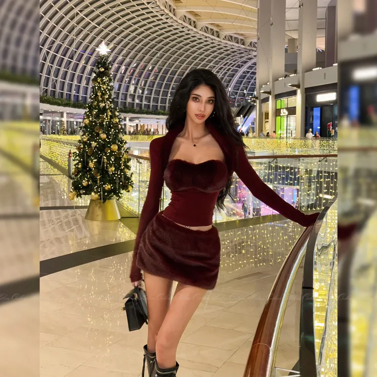 HELEN"暖绵羊绒"冬日氛围三件套"带胸垫"抹胸坎肩开衫&毛绒裙T251