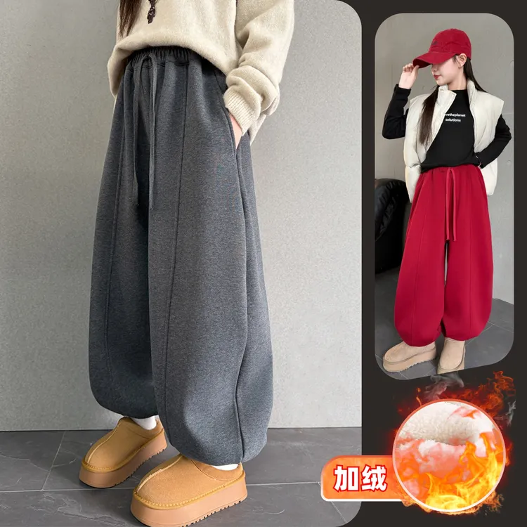 女童冬季新款加绒休闲弯刀束脚卫裤中大童儿童6-12岁洋气年货潮款