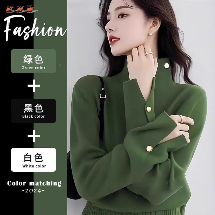 杜拉妮墨绿色高领内搭针织衫慵懒风毛衣女2025初秋老钱风穿搭上衣