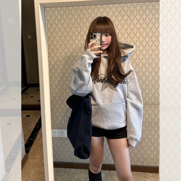 美式复古连帽卫衣女春秋休闲宽松慵懒风豹纹星星印花长袖上衣外套