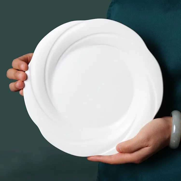 纯白陶瓷花边洋气创意水浮莲浅盘酒店餐厅冷盘菜盘花边陶瓷盘子