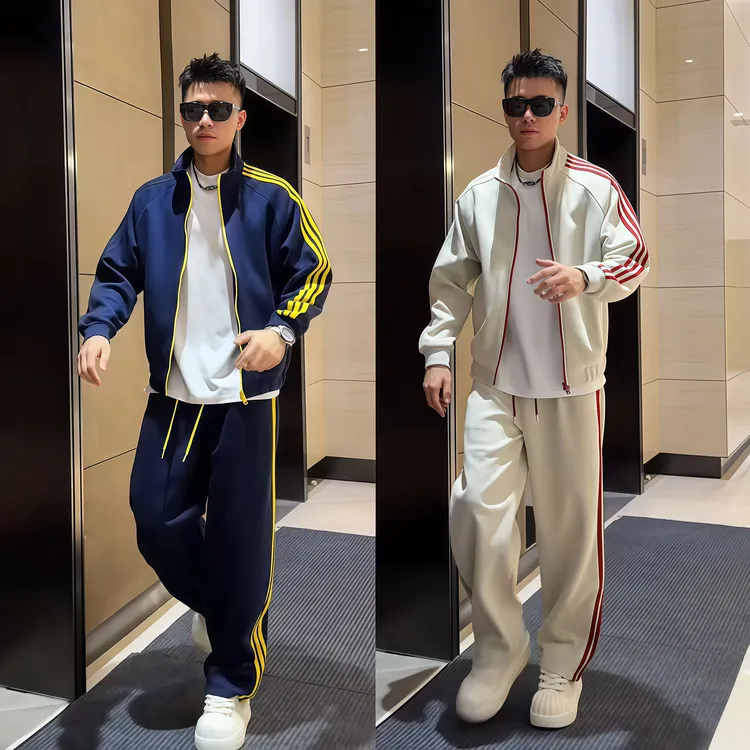 秋季新款男士美式撞色三条杠立领运动套装情侣款外套休闲裤两件套
