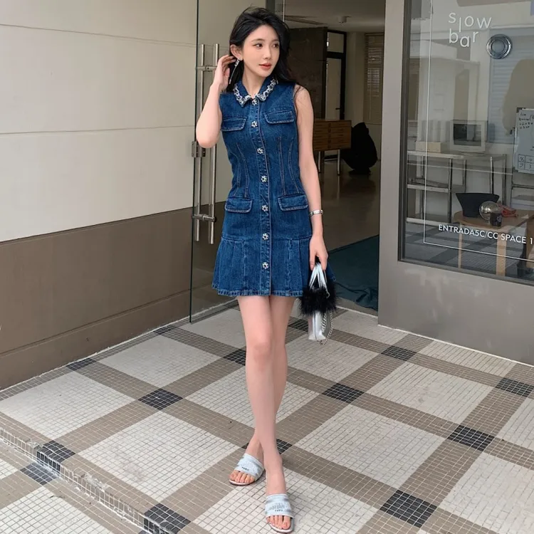 夏季小个子牛仔蓝色手工翻领无袖复古连衣裙MIU系连衣裙休闲