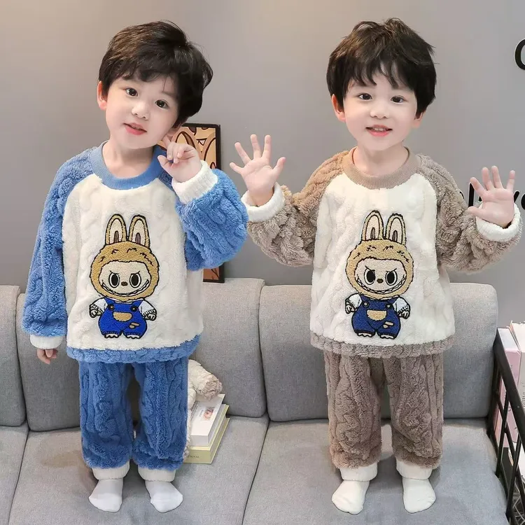 男童加绒套装儿童睡衣秋冬款家居服新款宝宝法兰绒睡衣男孩家居服