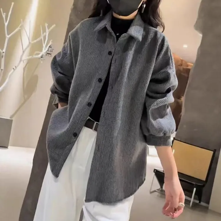 设计感小众秋季大码宽松港味慵懒长袖叠穿衬衣外套开衫