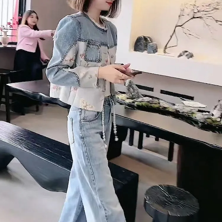 2025气质牛仔套装女秋季新款显瘦洋气开衫拼接长袖上衣长裤两件套