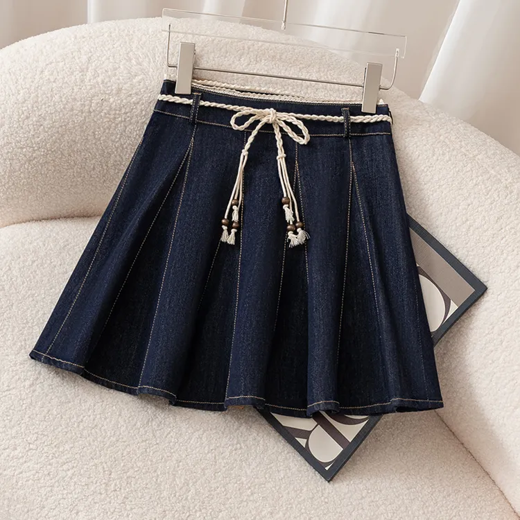 牛仔半身裙女夏季2025新款高腰显瘦A字裙小个子百褶裙防走光短裙