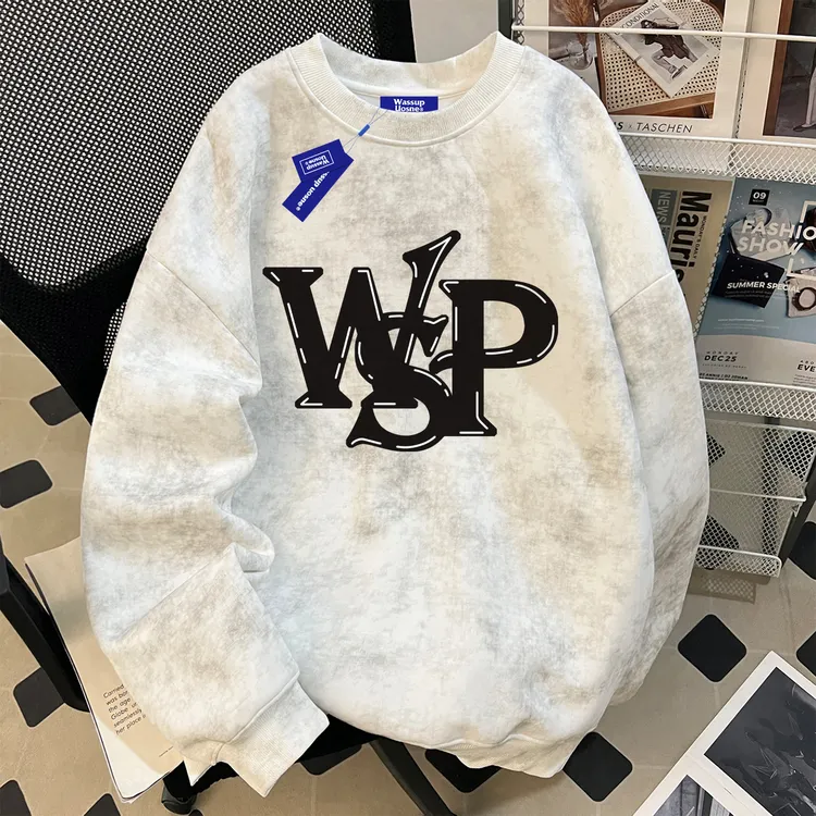 美式潮牌蜡染圆领卫衣男秋季新款hiphop小众百搭高街设计感上衣服