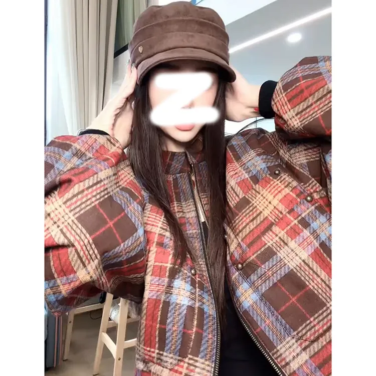 街头风红色格纹夹克女2025秋冬新款加绒加厚宽松外穿立领工装外套