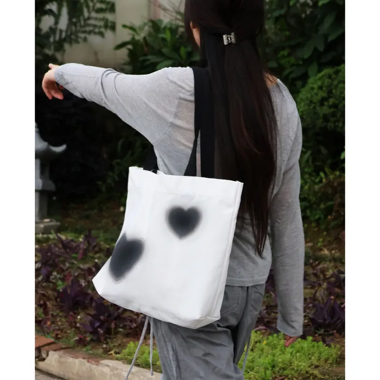 SENSEH 原创设计白色印花帆布包大号托特包休闲便捷单肩包