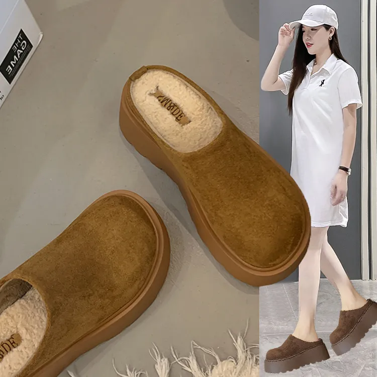 增高7cm包头半拖鞋女2025新款秋冬外穿一脚蹬毛毛拖鞋加绒勃肯鞋