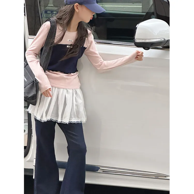 K29531孙小美假两件女童秋装长袖T恤2025新款上衣背心春秋衣服潮t