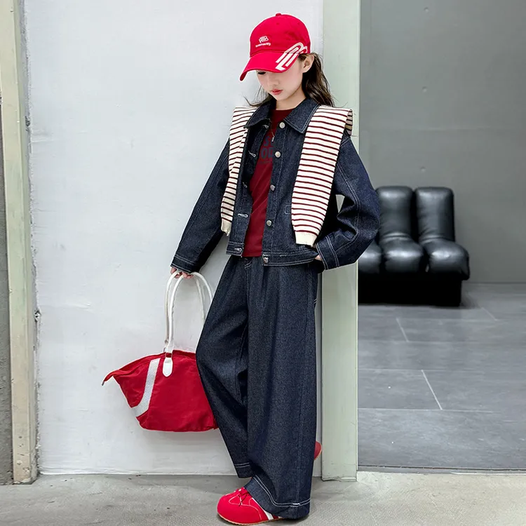 女童春秋款韩版休闲牛仔套装中大童小女孩洋气时髦外套儿童秋装潮