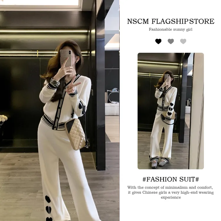 NSCM秋冬新款潮流休闲服韩版气质提花撞色针织衫时尚休闲裤套装