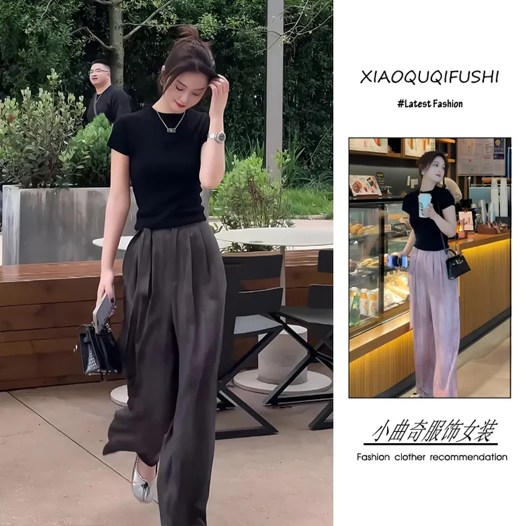 夏季超火两件套2025年新款韩系简约百搭短袖上衣显瘦阔腿裤两件套