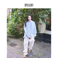 SPELLEDIT绿条纹宽松衬衫简约休闲纯棉通勤上衣女