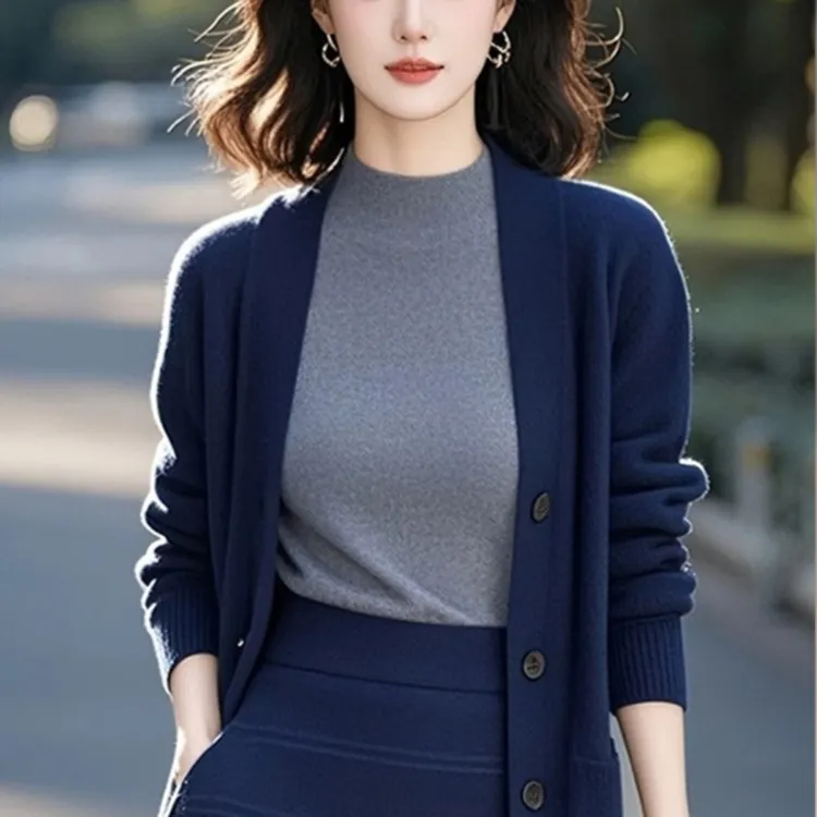 拉夏贝尔深蓝色毛衣针织开衫女2025秋季新款韩系慵懒风高级感上衣